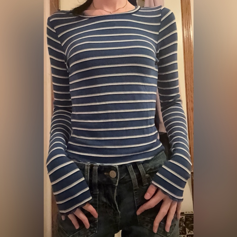 Garage Blue and White Striped Long Sleeve Tee